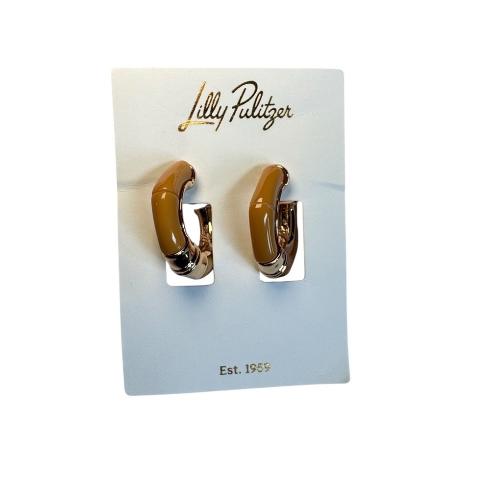 NWT! Lilly Pulitzer Rattan OYSTER BAY HOOP EARRINGS Bamboo Resin Gold Metallic - Picture 5 of 7